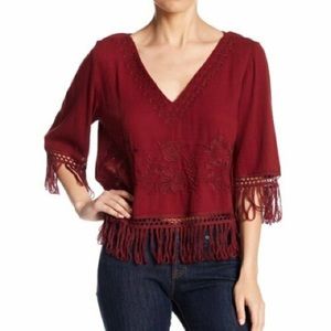 Melrose & Market Red Embroidered Tasseled Blouse M